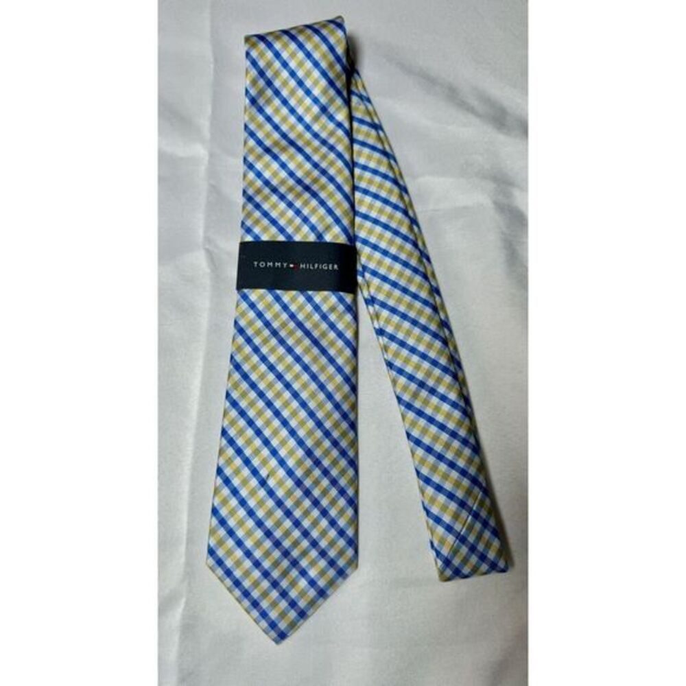 Tommy Hilfiger Men's Polyester Tie ~ Yellow & Blue Plaid Check New Tags Flaw NWT